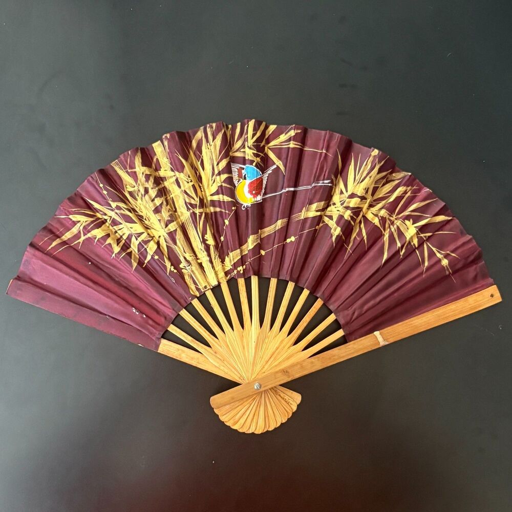 Vintage, Japanese Sensu Red Silk Paper Folding Fan.